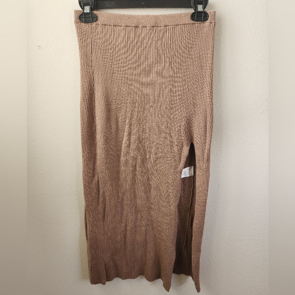LPA Revolve‎ Ribbed Knit Midi Skirt Nutmeg Fitted Stretch Pencil High Slit Small